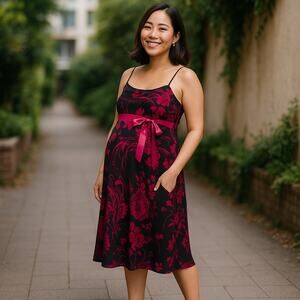 Motherhood Womens Dress Size XL Maternity Black Red Pink Floral Empire Waist NEW